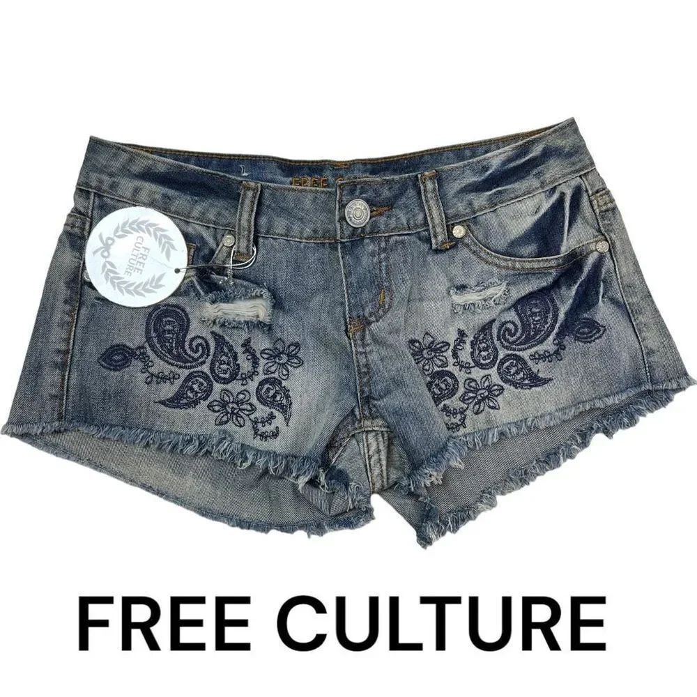 Free Culture Women Denim Shortie Shorts Embroidered Paisley Fringe Hem Blue Sz 3